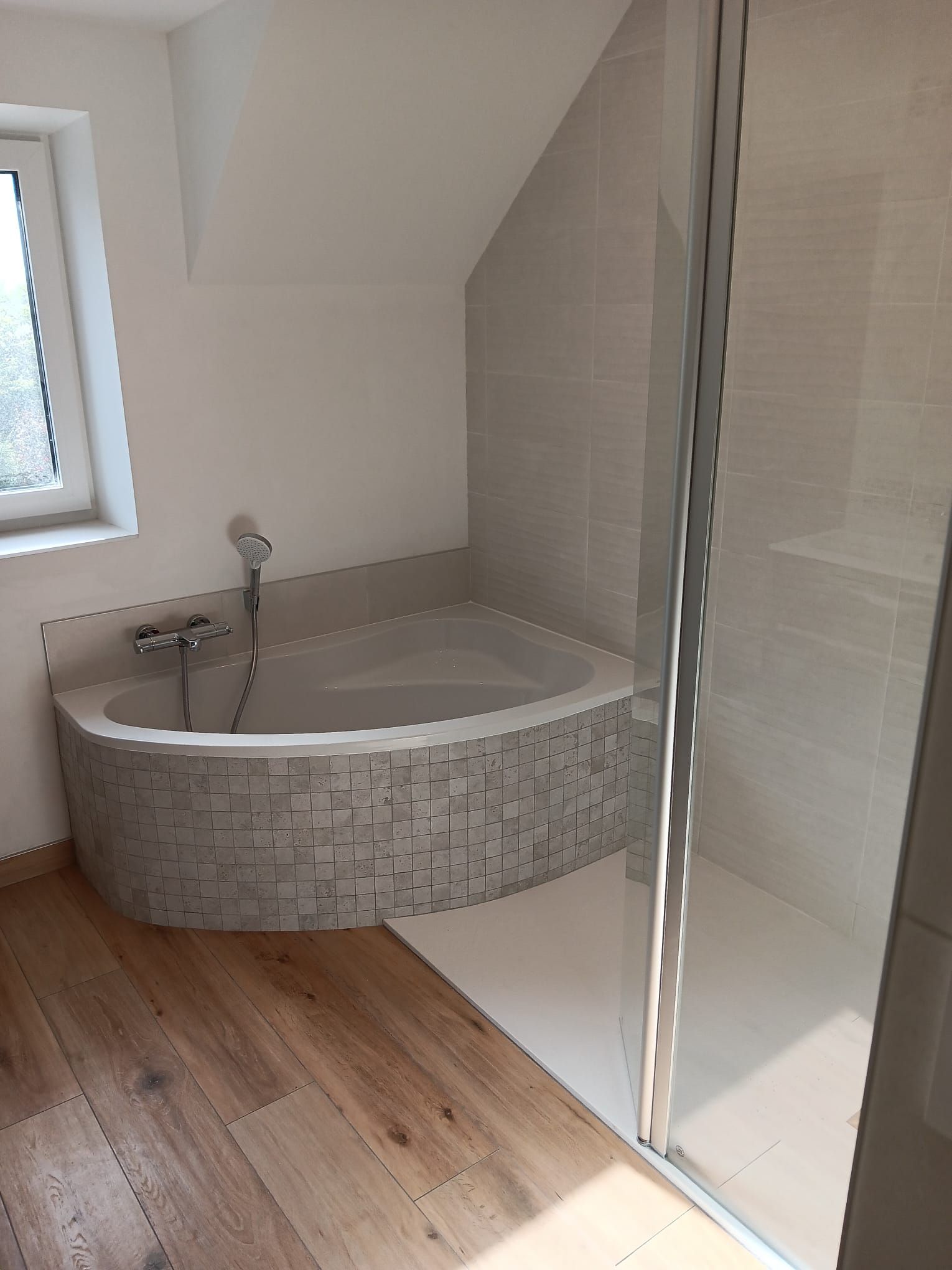 Une grande douche et une baignoire agréable